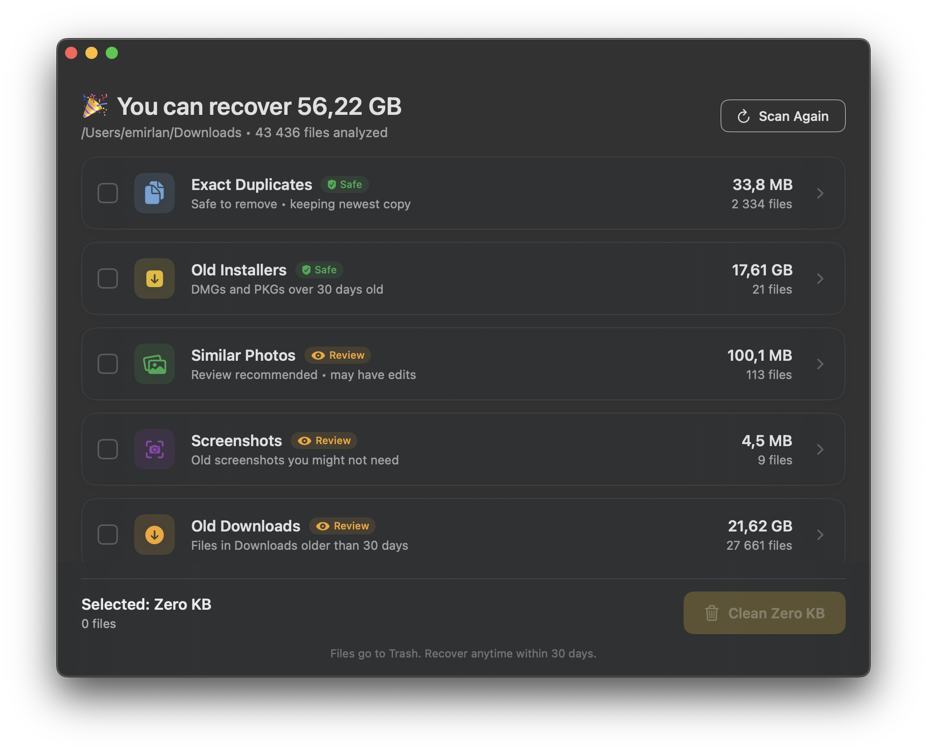 Sweepo scan results showing duplicate files and storage space to free